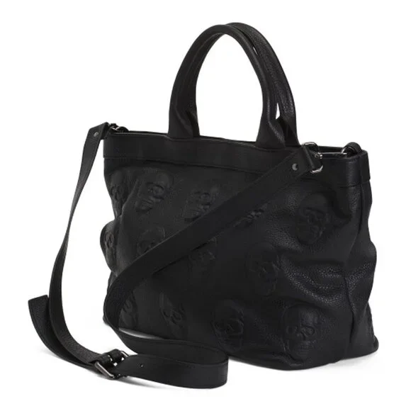 NWT IO PELLE Made In Italy Black Leather Multi 3D Skull Satchel Handbag - Picture 3 of 6